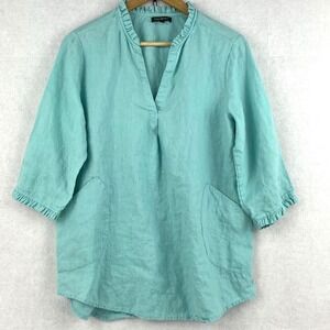 FOR CYNTHIA Womens M 100% Linen Top Blouse 3/4 Sleeve Ruffle Neck Pockets Teal